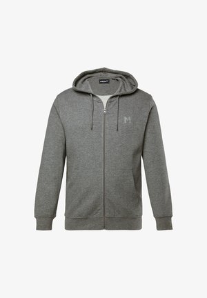 Šedá mikina na zip vyrobená z měkké látky. Má nastavitelnou kapuci, dvě přední kapsy a malé logo na hrudi. Hladká textura.