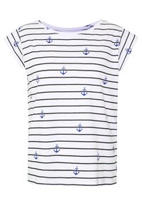 Vit kortärmad T-shirt med horisontella svarta ränder och små blå ankrar. Mjuk bomullsmaterial, avslappnad passform, rund halsringning.