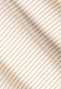 White fabric with thin gold metallic stripes running parallel. The texture appears smooth, with a subtle sheen from the metallic thread.