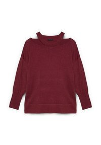 Burgunderfarbener Strickpullover mit geripptem hohen Kragen, langen Ärmeln und lockerer Passform. Verfügt über einen subtilen Glanz und strukturierte Ärmeldetails.