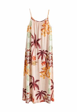 Maxi-kjole med spaghetti-stropper, let ferskenfarvet stof, levende blomster- og palmemønstre i orange, rød og grøn, blød tekstur.