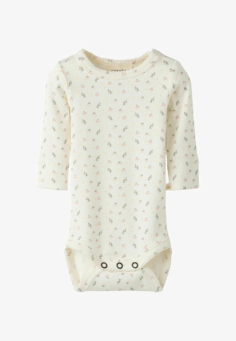 Body à manches longues en ribbed crème avec un imprimé floral rose et jaune, présentant un col à volants et trois pressions à la base.