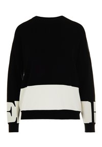 Maglione pullover in bianco e nero con un design a blocchi di colore, scollo tondo, maniche lunghe, polsini a coste e dettaglio con logo "E" sulla manica.