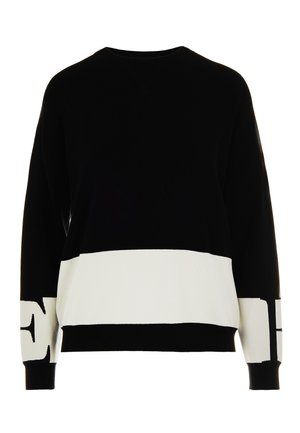 Maglione pullover in bianco e nero con un design a blocchi di colore, scollo tondo, maniche lunghe, polsini a coste e dettaglio con logo "E" sulla manica.