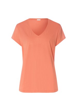 Coral-colored, short-sleeve women's V-neck cotton T-shirt with a relaxed fit, displayed against a white background.