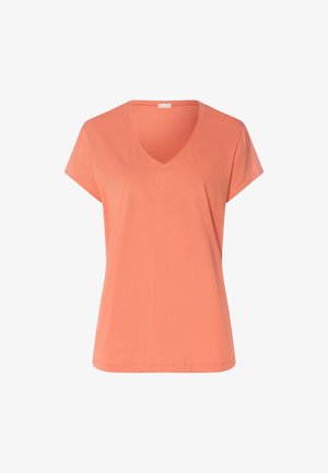 Coral-colored, short-sleeve women's V-neck cotton T-shirt with a relaxed fit, displayed against a white background.