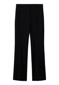 Pantalons larges noirs avec une texture lisse, devant plat et deux poches latérales ; confectionnés dans un tissu léger et respirant.