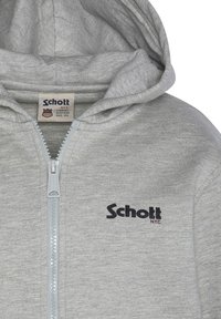 Felpa con zip grigia realizzata in misto cotone, caratterizzata da una zip frontale, un grande cappuccio e il logo nero "Schott NYC" sul petto.
