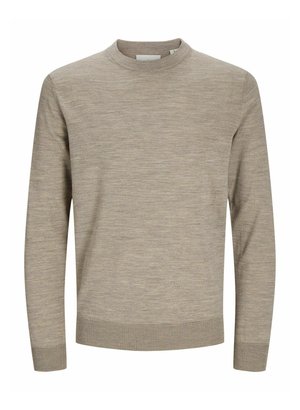 Pull beige à manches longues avec col rond, poignets et ourlet côtelés, présenté sur un fond blanc.
