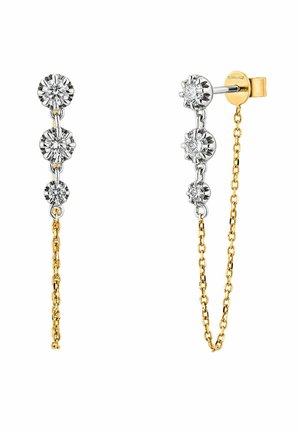 Pendientes de gota de tres piedras con gemas claras en engastes de plata, con un detalle de cadena dorada, creando un diseño de múltiples longitudes.