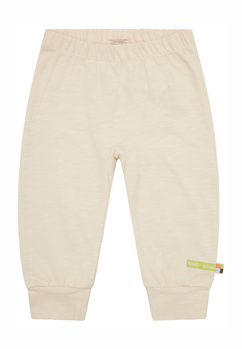 Beige katoenen broek met een elastische tailleband en cuffs aan de enkels, voorzien van een klein kleurrijk label met "loud + proud" branding.