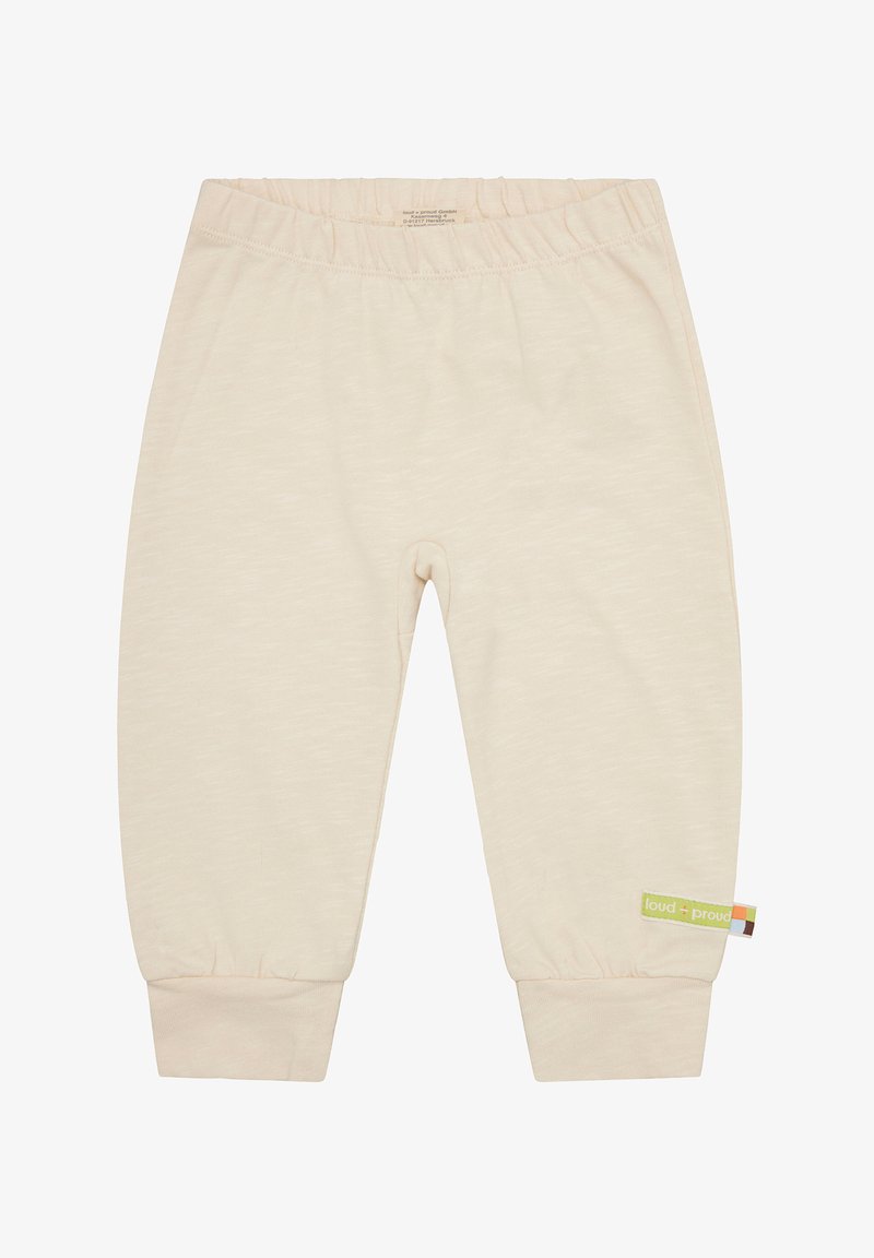 Beige Baumwollhosen mit elastischem Bund und modischen Bündchen, ausgestattet mit einem kleinen bunten Etikett mit der Marke "loud + proud".