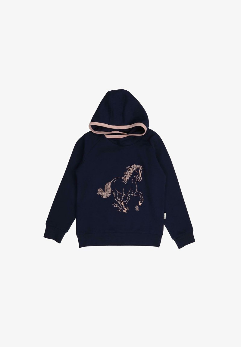 Navy hoodie with a pink accent on the hood, featuring a galloping horse graphic in a light color on the front. Fabric appears soft and textured.