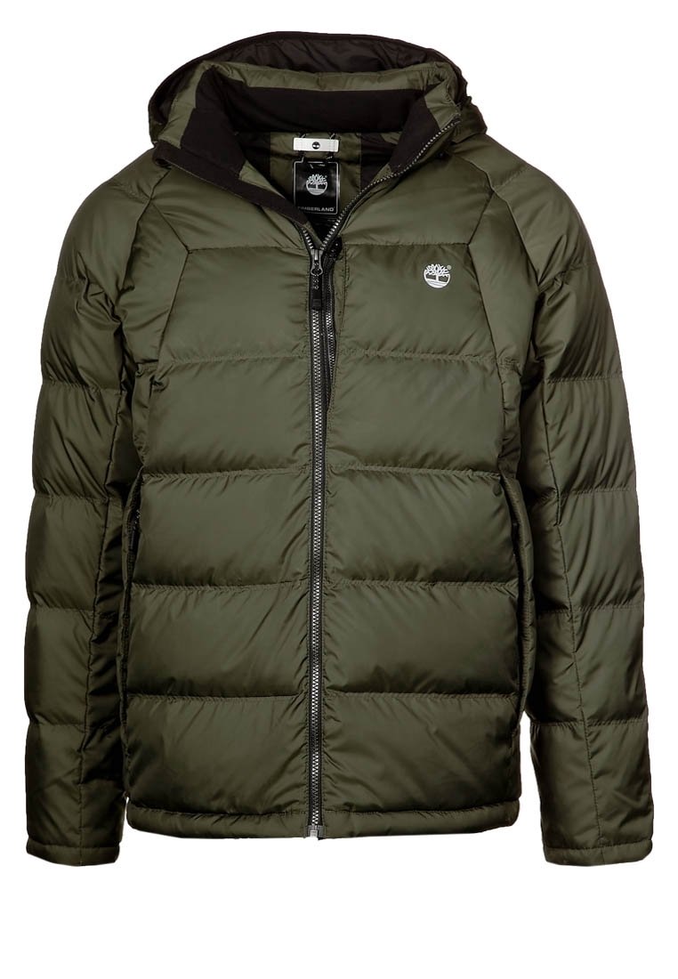 Giacca a vento verde con cappuccio, dotata di chiusura con zip, cuciture orizzontali e logo sul lato sinistro del petto. Texture liscia e design leggero.