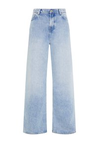 Jeans a gamba larga di un leggero blu, realizzati in denim, con vita alta, design a cinque tasche e una sfumatura delicata per texture.