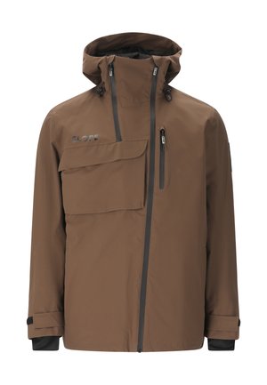 Veste imperméable marron avec un col haut, capuche ajustable, poche avant et poche zippée sur la poitrine. Présente des accents et poignets noirs.