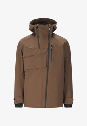 Veste imperméable marron avec un col haut, capuche ajustable, poche avant et poche zippée sur la poitrine. Présente des accents et poignets noirs.