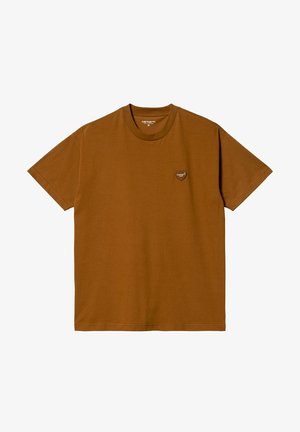 Camiseta de algodón marrón con cuello redondo y mangas cortas. Presenta un pequeño logotipo en forma de corazón en el pecho, diseño simple y sin adornos.