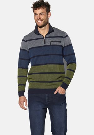Pullover with a half zip, featuring horizontal stripes in navy, gray, and green. Textured fabric with a chest pocket and ribbed cuffs.