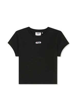 T-shirt corta nera a maniche corte con scollo rotondo e piccolo logo FILA al centro del petto.