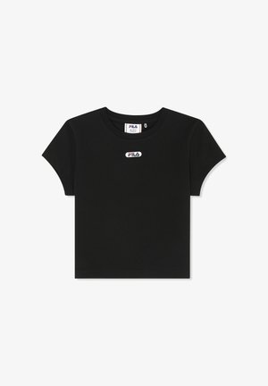 Czarny krótki T-shirt z krótkim rękawem, obniżoną talią, okrągłym dekoltem oraz małym logo FILA na środku klatki piersiowej.