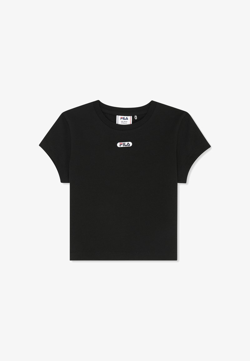 Camiseta negra de manga corta y corte corto con cuello redondo y pequeño logo de FILA centrado en el pecho.