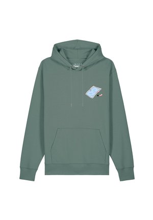 Grüner Kapuzenpullover mit Fronttasche und kleinem Motiv eines blauen Schwimmbeckens mit einer Person, die auf der oberen linken Brust taucht.
