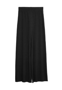 Pantalones anchos negros de tela acanalada, con cintura elástica y dos pliegues verticales para añadir caída y movimiento.