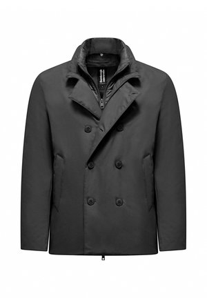 Cappotto doppiopetto nero con texture liscia, caratterizzato da un colletto, tasche frontali e distintivi dettagli con bottoni.