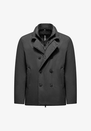 Black double-breasted coat with a smooth texture, featuring a collar, front pockets, and distinct button detailing.