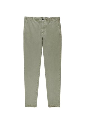 Helle olivgrüne Hose aus weichem Baumwollmaterial, mit klassischem Design, Fronttaschen und Knopfverschluss. Gerader Beinschnitt.