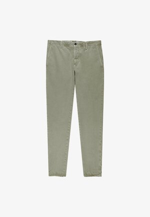 Helle olivgrüne Hose aus weichem Baumwollmaterial, mit klassischem Design, Fronttaschen und Knopfverschluss. Gerader Beinschnitt.