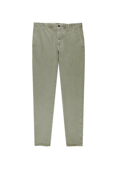 Licht olijfgroene broek gemaakt van zacht katoen, met een klassiek ontwerp, voorzakken en een knoopsluiting. Rechte pijpen.