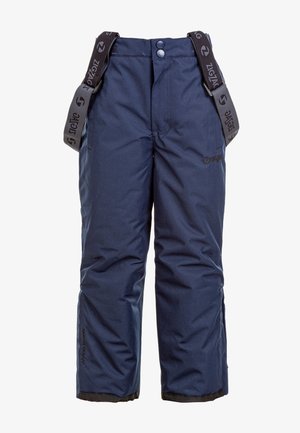 Navy ski pants made from durable fabric, featuring adjustable straps, a smooth texture, and reinforced hems with brand logo detail.