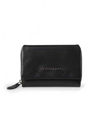 Black leather wallet with a smooth texture, featuring a zip-around closure and embossed brand logo on the front. Compact rectangular shape.
