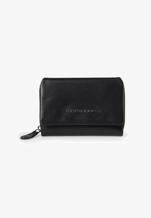 Black leather wallet with a smooth texture, featuring a zip-around closure and embossed brand logo on the front. Compact rectangular shape.