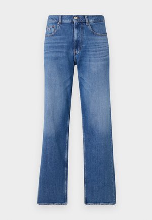 Lichtblauwe denimjeans met een rechte pasvorm, voorzien van een ritssluiting, vijf zakken en opvallende vervaging op de benen.