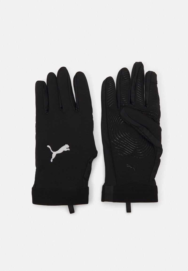 Mânuși negre cu un finisaj neted și texturat, având un logo Puma și modele în formă de val pe palmă pentru aderență. Design elegant, ajustat.