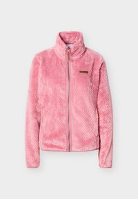 Μαλακό ροζ μπουφάν φλις με ολόκληρο φερμουάρ, ψηλό γιακά, υφή υφάσματος και μακριά μανίκια, απλωμένο σε άσπρο φόντο.