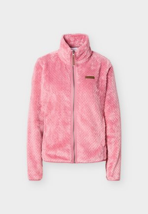 Mekana roza jakna od flisa s punim patentnim zatvaračem, visokim ovratnikom, teksturiranim materijalom i dugim rukavima, položena ravno na bijeloj pozadini.