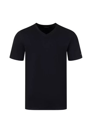 Czarny t-shirt z dekoltem w kształcie litery V, wykonany z gładkiego materiału, z krótkimi rękawami i minimalistycznym wzornictwem, bez widocznych logo czy wzorów.