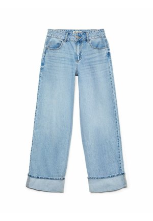 Light blue denim wide-leg jeans with a high waist, featuring a button closure, five pockets, and rolled cuffs at the hem.