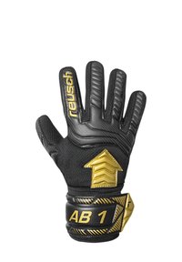 Black goalkeeper gloves with textured grip, gold accents, and a prominent gold arrow design. Features elastic wrist closure labeled "AB 1."