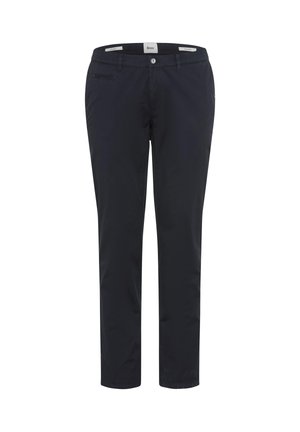 Navyblaue Herrenhose mit geradem Bein, Knopf- und Reißverschluss, Gürtelschlaufen sowie Vorder- und Gesäßtaschen, mit der Aufschrift "Brax".