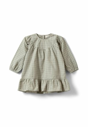 Robe à manches longues pour tout-petit avec motif à carreaux vert clair et blanc, encolure ronde et ourlet volanté.