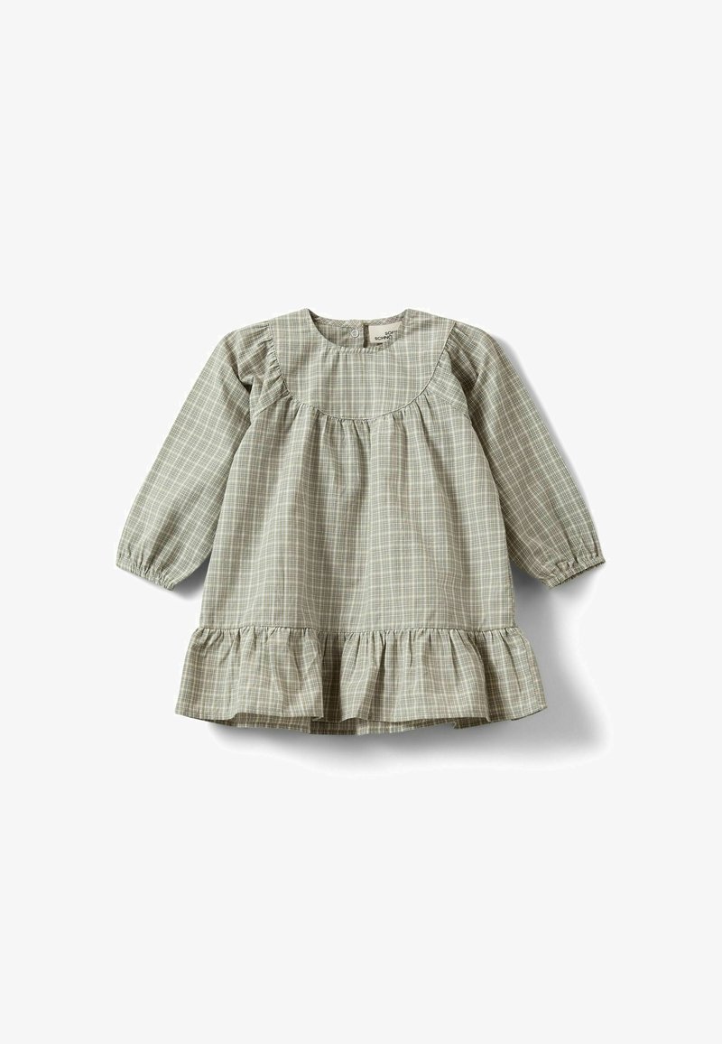 Robe à manches longues pour tout-petit avec motif à carreaux vert clair et blanc, encolure ronde et ourlet volanté.