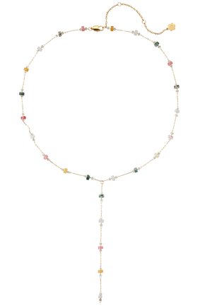 Zarte Goldkette mit kleinen mehrfarbigen rechteckigen Perlen und einem verstellbaren Verschluss mit einem Blumenanhänger.