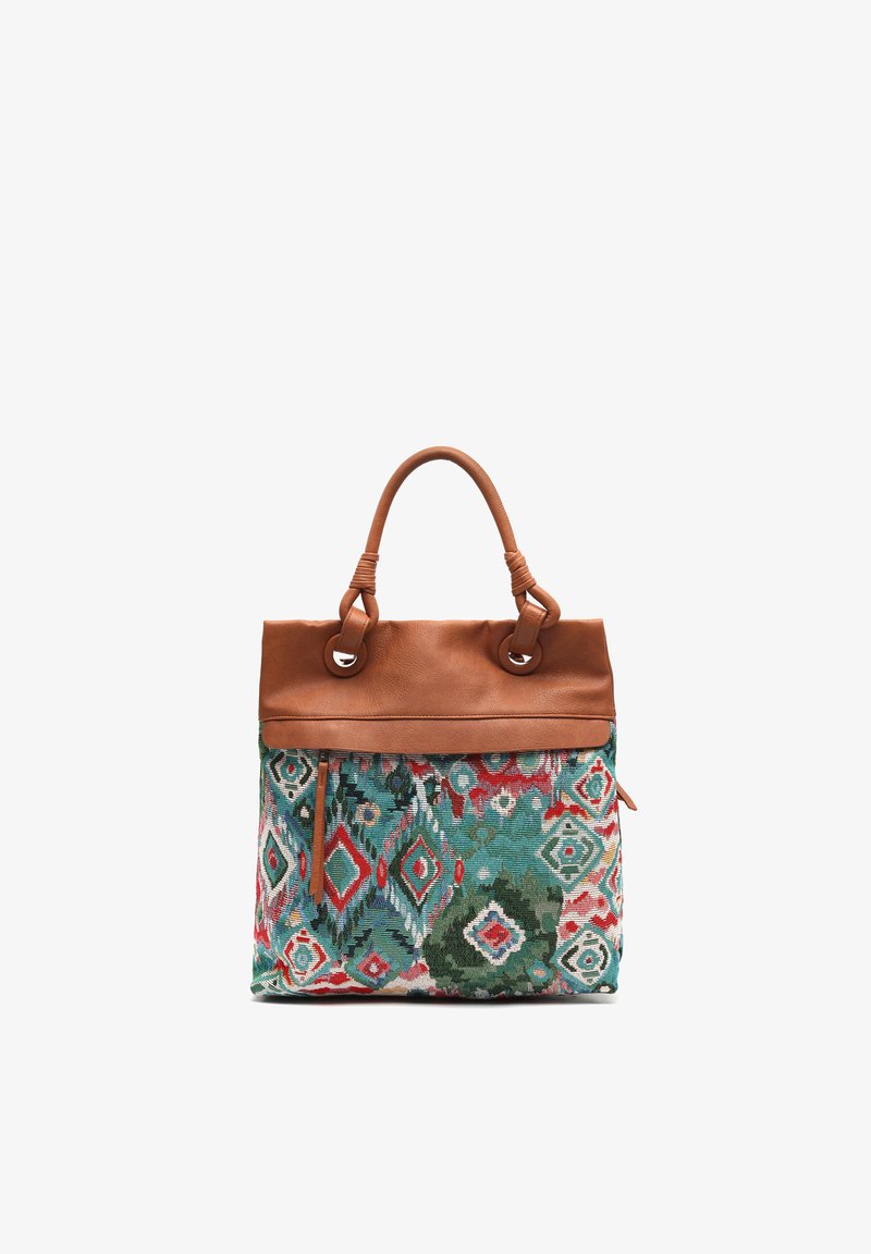 Brown leather top handbag with short handles and a large colorful fabric body featuring a geometric pattern in red, green, and blue tones.