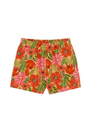 Detské šortky s elastickým pásom s výrazným vzorom jasne oranžových a ružových kvetov a zelených listov na svetlom pozadí.