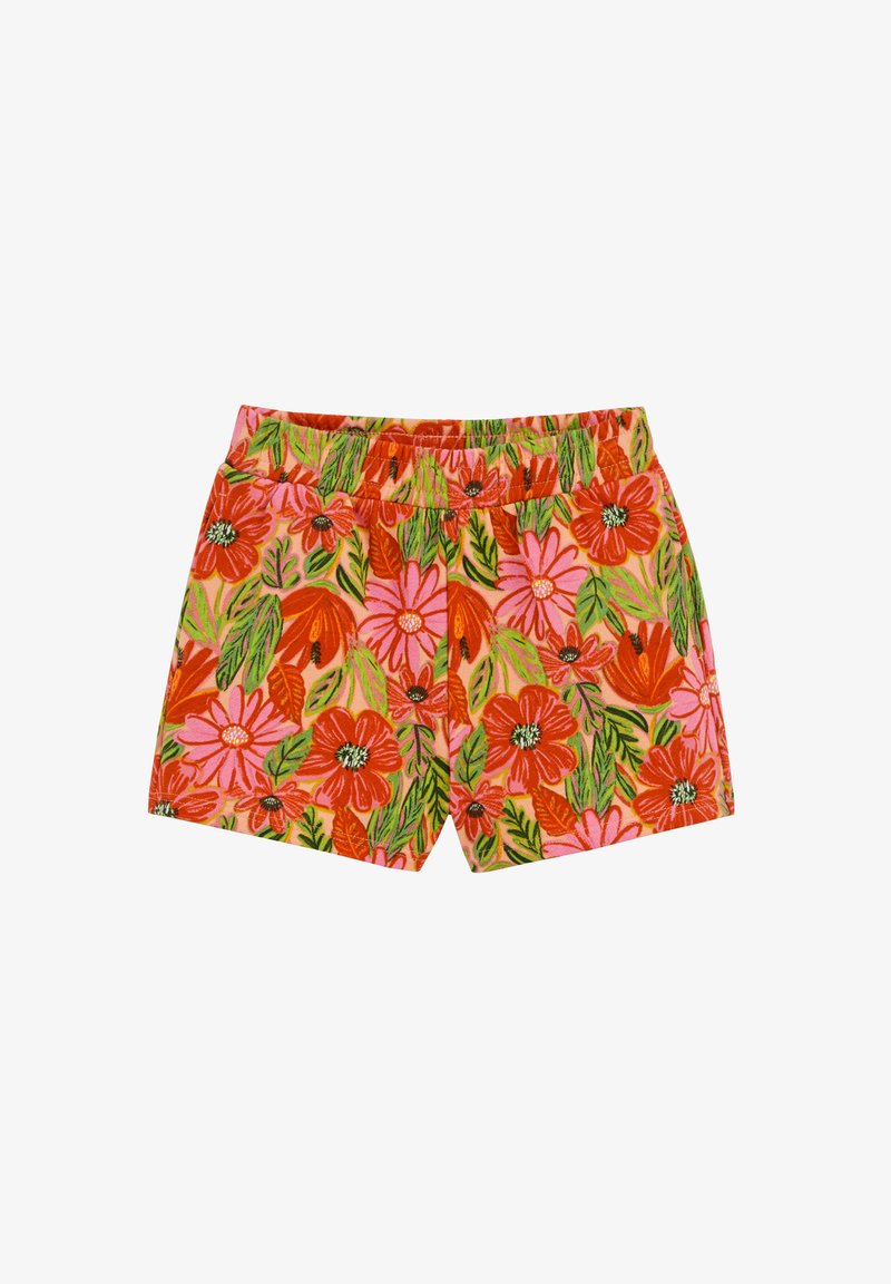 Shorts à taille élastique pour enfants avec un motif floral lumineux orange et rose et des feuilles vertes sur fond clair.